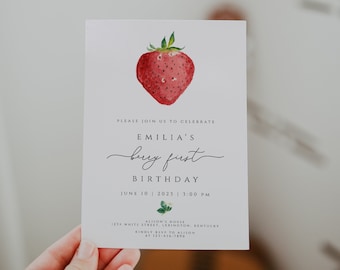 Strawberry Birthday Invitation Template, Berry First Birthday Invitation, Strawberry 1st Birthday Invite, Girl Birthday Party Invitation