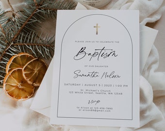 ミニマリストの洗礼招待状テンプレート、モダンなアーチ洗礼招待状