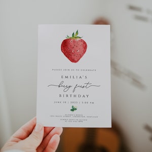 Strawberry Birthday Invitation Template, Berry First Birthday Invitation, Strawberry 1st Birthday Invite, Girl Birthday Party Invitation image 1