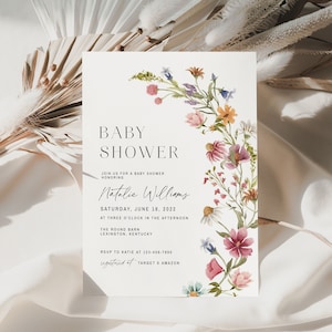 Invito baby shower rosa, invito baby shower fiori selvatici, invito baby shower ragazza, baby shower moderno, baby shower minimalista