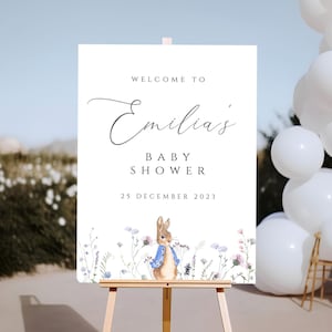 Peter Kaninchen Baby Shower Willkommensschild, Peter Kaninchen Blumen Willkommensschild Poster, Babyparty Blumenschild, Hase Babyparty Willkommen, PRAB01