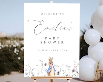 Peter rabbit Baby Shower Welcome Sign, peter rabbit floral Welcome Sign Poster, Baby Shower Floral Sign, bunny baby shower welcome, PRAB01