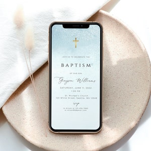 Invito al battesimo digitale ragazzo, Invito elettronico al testo del battesimo, Modello di invito al battesimo, Invito telefonico, Acquerello blu, Modificabile