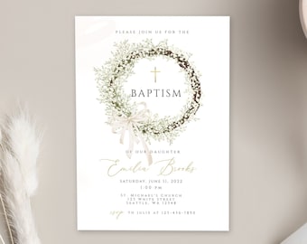 Baptism Invitation Template, Wildflower Baptism Invitation, flower wreath Baptism Invite