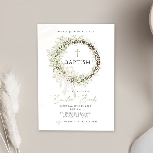 Baptism Invitation Template, Wildflower Baptism Invitation, flower wreath Baptism Invite
