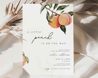 Invitaciones de baby shower de melocotón, Little Peach está en camino, Peach Baby Shower invita a la plantilla de baby shower de niña de verano Descarga instantánea