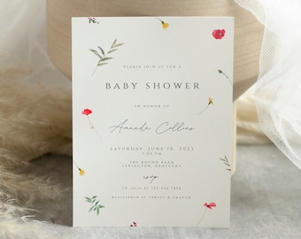 Wildflower Baby Shower Invitation, Baby Shower Invitation Template, Boho Wildflower Invite, Floral Baby Shower, DIY Editable Invite Template
