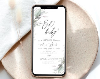 Digital Baby Shower Evite Template, Baby Shower Text Invite, Greenery Baby Shower Electronic Invite, Eucalyptus, Instant Download, Templett