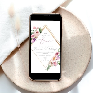 Floral Birthday Evite Template, Birthday Party Invite, Girl First Birthday Digital, Electronic 1st Birthday Invite Mobile Phone Invitation