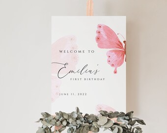 Editable Butterfly Birthday Welcome Sign, Butterfly Purple Floral Garden Welcome Sign, Butterfly Welcome Poster, 1st Birthday Sign  Download