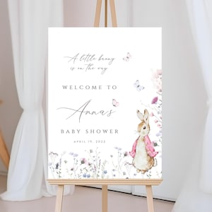 Peter rabbit Baby Shower Sign, A little bunny baby shower welcome sign, floral Peter Rabbit baby shower for girl welcome poster, PINKBUNNY