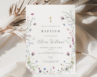 May include: A white baptism invitation with a floral wreath border. The invitation features a gold cross, the text "Join us to celebrate the Baptism of our daughter Olivia Williams", the date and time of the event, and the location of the church.