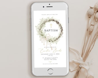 Digital Baptism Invitation Template, Girl Baptism Invitation, flower Baptism Evite, Editable Baptism Text Message Invite, minimalist