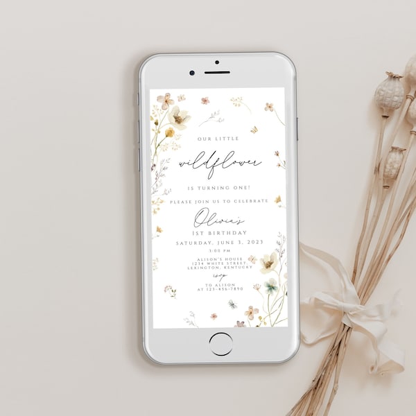 Wildflower Birthday Evite Template, Wildflower First Birthday Text Invitation, Girl Floral, Electronic 1st Birthday Invite, Mobile Phone