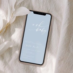 Convite eletrônico para chá de bebê azul empoeirado Evite Oh Boy chá de bebê Convite eletrônico para chá de bebê azul para celular Convite digital para celular