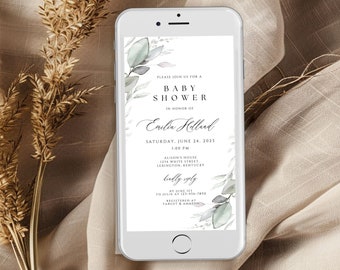 Electronic Baby Shower Invitation, Greenery Text Message Baby Shower Invitation, Gender Neutral Baby Shower invite, green leaves invite