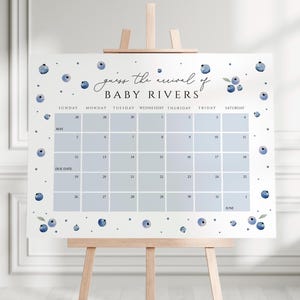 Op de afbeelding: Een blauw en wit baby shower-spel met een kalender waarop gasten de aankomstdatum van "Baby Rivers" kunnen raden. De kalender is versierd met blauwe bosbessen.