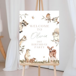 Cartello di benvenuto degli animali del bosco, cartello di benvenuto del compleanno Wild One modificabile, cartello di benvenuto del compleanno degli animali della foresta, cartello di decorazione della festa Wild One