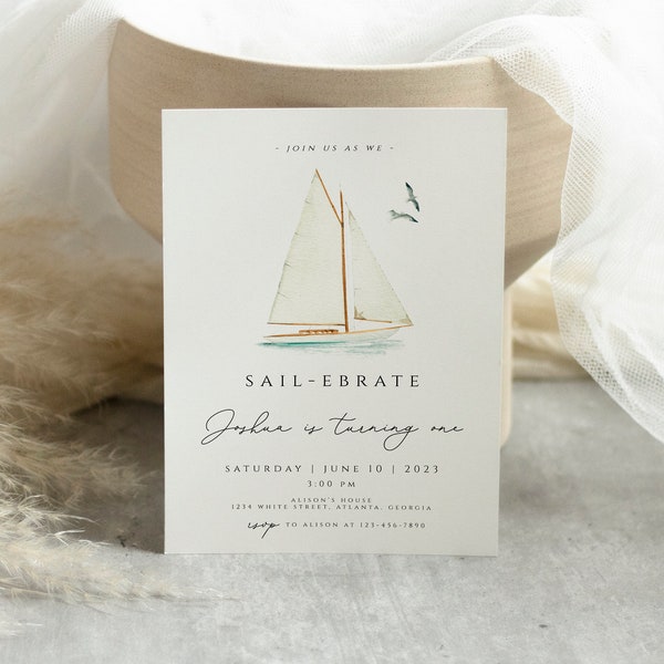 Nautical 1st Birthday Invitation, Editable Sail Boat Birthday Invite, Modern Nautical Birthday Invitation, Marine Sail Boat Invite, INSTANT