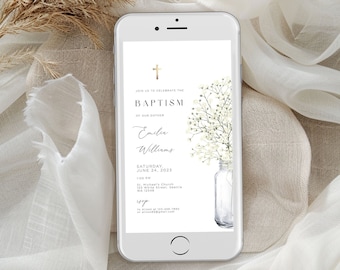 Digital Baptism Invitation Template, Girl Baptism Invitation, flower Baptism Evite, Editable Baptism Text Message Invite, minimalist