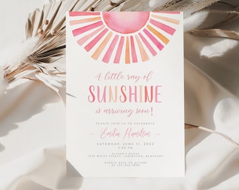 Faire-part de baby shower fille petit rayon de soleil, invitation rose de baby shower soleil, baby shower fille, voici l'invitation de douche de soleil