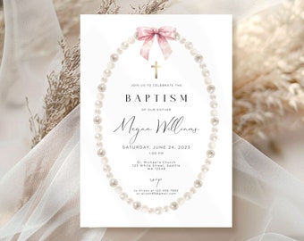 pearl Baptism Invitation, Pink ribbon Baptism Invitation, Pink Bow Holy Communion Christening Invite, Pink Ribbon Blush Pink Baptism