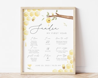 Bee First Birthday Milestone Board, Editable Baby Milestone Board Template, Honey Birthday Sign, Bumble Bee Poster, Instant Download