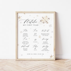 Poster di compleanno Milestone Snowflakes Poster di compleanno modificabile Modello di poster della pietra miliare del primo compleanno di Onederland 1st Birthday Stats Board
