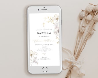 Pode incluir: Um smartphone exibe um convite de batismo com detalhes florais. O texto do convite inclui "BAPTISM" e "Olivia Williams", com a data de 24 de junho de 2023. Flores secas com uma fita branca no fundo.