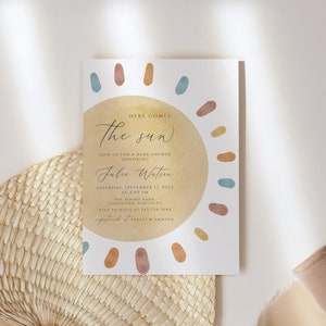 Here Comes The Sun Baby Shower Invitation, Sunshine Baby Shower Invite Template, Gender Neutral Baby Shower, Fully Editable Printable