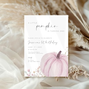 pink Pumpkin First Birthday Invitation Template, Our Little Pumpkin 1st Birthday girl Invite, Fall Autumn 1st Birthday Invites, girl pumpkin
