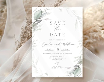 Greenery Save The Date Template, green leaves  Save The Date invite, Save The Date Template, geen Save the Date