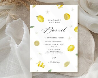 Lemonade and Fun Birthday Invitation, Lemon First Birthday Invitation Template, Summer Fruit Birthday Invite, our squeeze turning one invite