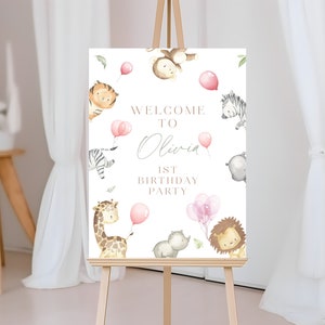 pink Safari girl Welcome Sign , girl Wild One Birthday Welcome Sign, Safari Jungle Birthday Welcome Sign, pink Wild One Party Download Sign