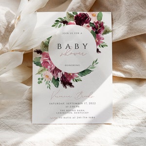Burgundy Baby Shower Invitation Girl Floral, Marsala Baby Shower Invitation Template Printable, Blush Baby Shower Invite Editable Download