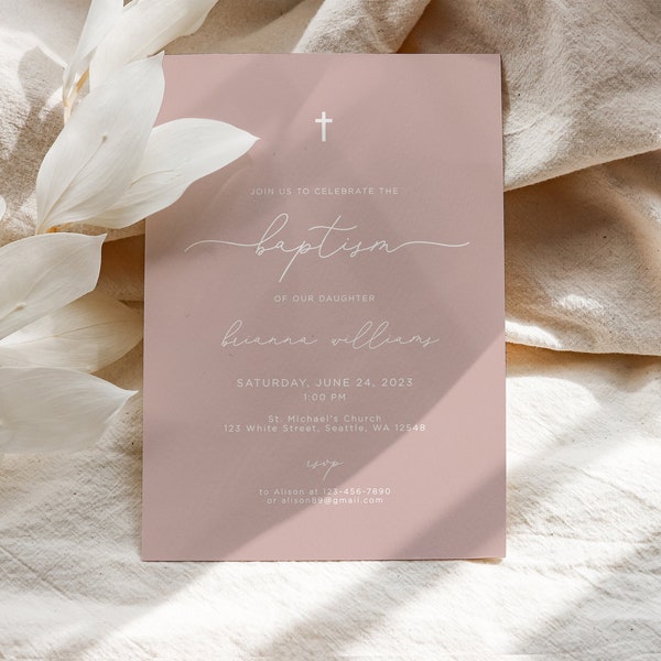 Girls Baptism Invitation Blush Pink Baptism Invitation Template Baptism Invite Editable Invitation Baby Girl Christening Digital Download