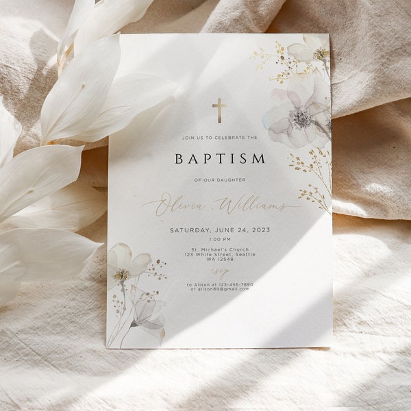 Invitation de baptême de filles, invitation de baptême de fleurs sauvages, invitation de baptême, baptême de bébé minimaliste, baptême floral