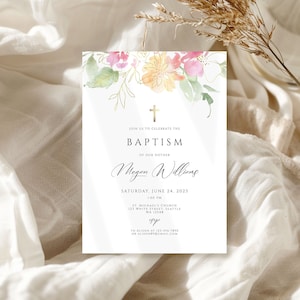 Modello di invito al battesimo con fiori di campo, invito al battesimo per ragazze, invito al battesimo, invito modificabile, battesimo della neonata, battesimo floreale