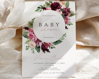 Burgundy Baby Shower Invitation Girl Floral, Marsala Baby Shower Invitation Template Printable, Blush Baby Shower Invite Editable Download