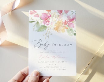 Baby in Bloom Baby Shower Invitation, Blush Pink Gold Baby Girl Shower Invitation, Baby in Bloom Invitation Template, Floral Baby Shower