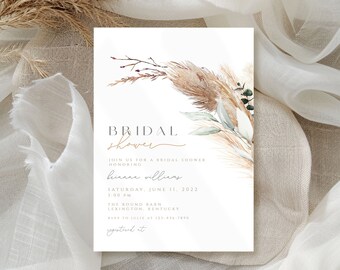 Boho Bridal Shower Invitation, pampas bridal shower Invitation, minilimalist floral bridal Shower Invitation, pampas i/bridal shower