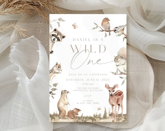 Convite de primeiro aniversário da floresta, convite selvagem, convite de primeiro aniversário, convite de animais da floresta, convite de aniversário de criaturas da floresta
