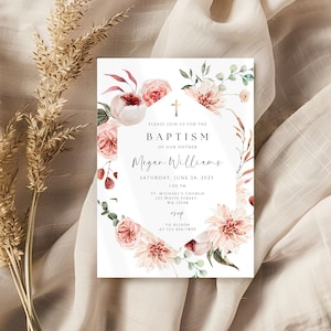 Floral blush pink Baptism Invitation, Boho Baptism Invitation, wildflower Baptism Invite, girl Christening, pink wildflower Baptism invite