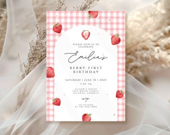 Strawberry Pink Gingham Birthday Invitation, Berry Sweet Birthday Party, Strawberry Birthday Invite, 1st Birthday Invitations Girl  evite