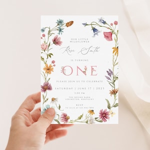 Wildflower 1st Birthday Invitation, pink Wildflower Invitation, First Birthday Flowers Invitation, Boho Birthday Invitation