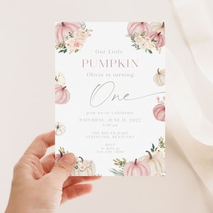 Girl Pumpkin First Birthday Invitation Template, Our Little Pumpkin 1st Birthday pink Invite, Fall Autumn 1st Birthday Invites, pink pumpkin