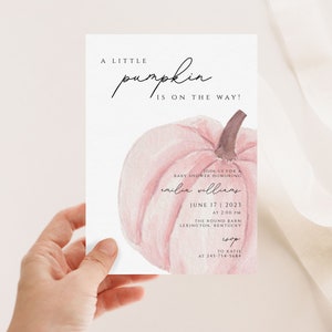 pink Pumpkin Baby Shower girl invitation, Little Pumpkin Baby Shower Invite, Fall minimalist Baby shower Invite, rose pumpkin, spinkpump01