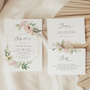 Floral Baby Shower Bundle Template, Editable Baby Shower Invitation Girl, Blush Pink Flowers, Diaper Raffle Card, Books for Baby Card