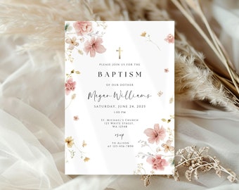 Invitación de bautismo floral rosa, invitación de bautismo boho, invitación de bautismo de flores silvestres, bautizo de niña, invitación de bautismo de flores silvestres rosas