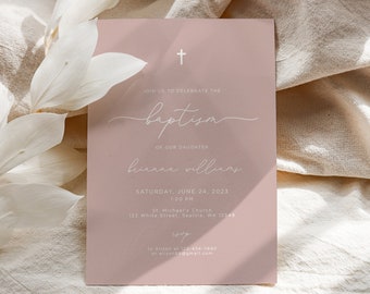Modèle d'invitation de baptême pour filles rose blush, modèle d'invitation de baptême invitation modifiable pour le baptême, téléchargement numérique de baptême de petite fille